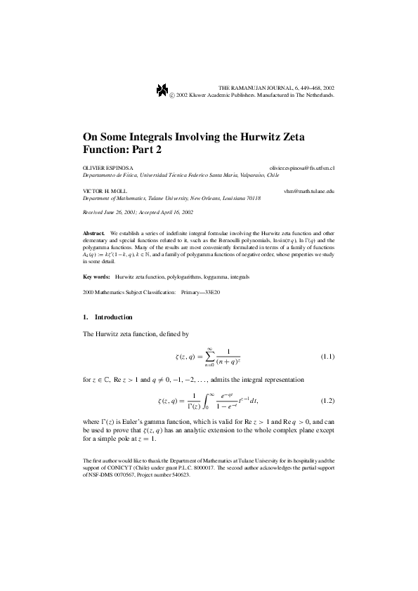 (PDF) On some integrals involving the Hurwitz zeta function: Part 1
