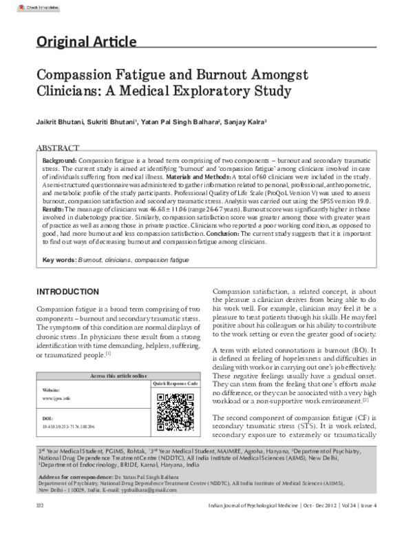 (PDF) Compassion Fatigue and Burnout Amongst Clinicians: A Medical ...