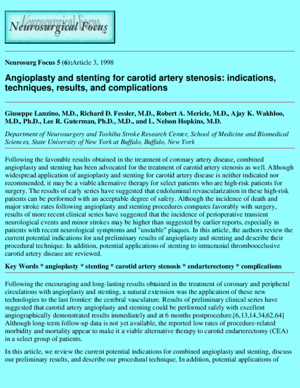 (PDF) Angioplasty and stenting for carotid artery stenosis: indications ...
