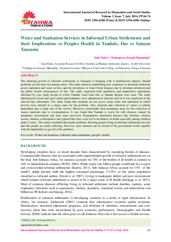 (PDF) Water and Sanitation Services in Informal Urban Settlements and ...