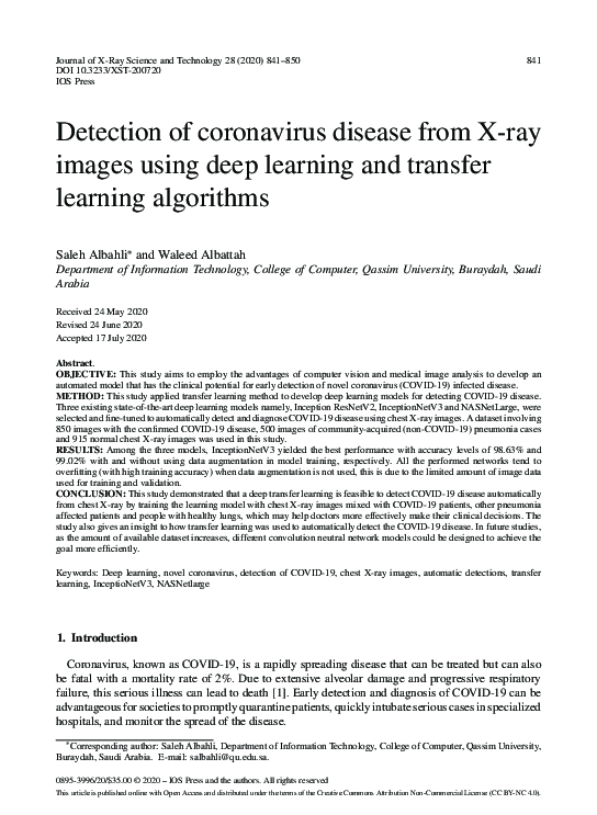 (PDF) Detection of coronavirus disease from X-ray images using deep ...