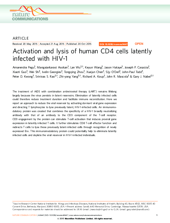 (PDF) Activation and lysis of human CD4 cells latently infected with HIV-1