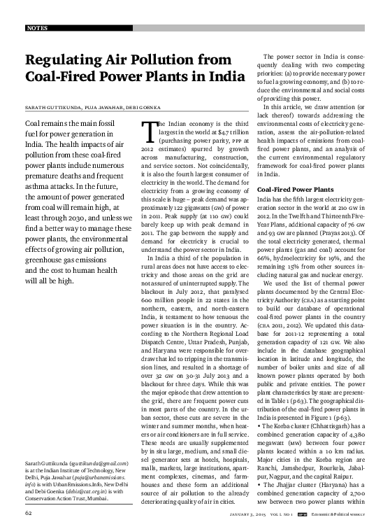 (PDF) Regulating Air Pollution from Coal-Fired Power Plants in India