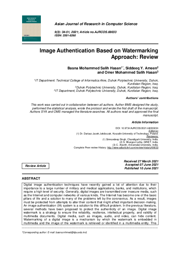 (PDF) Image Authentication Based on Watermarking Approach: Review