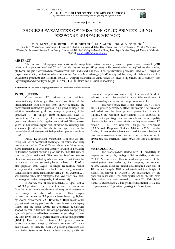 (PDF) Process Parameter Optimization of 3 D Printer Using Response ...
