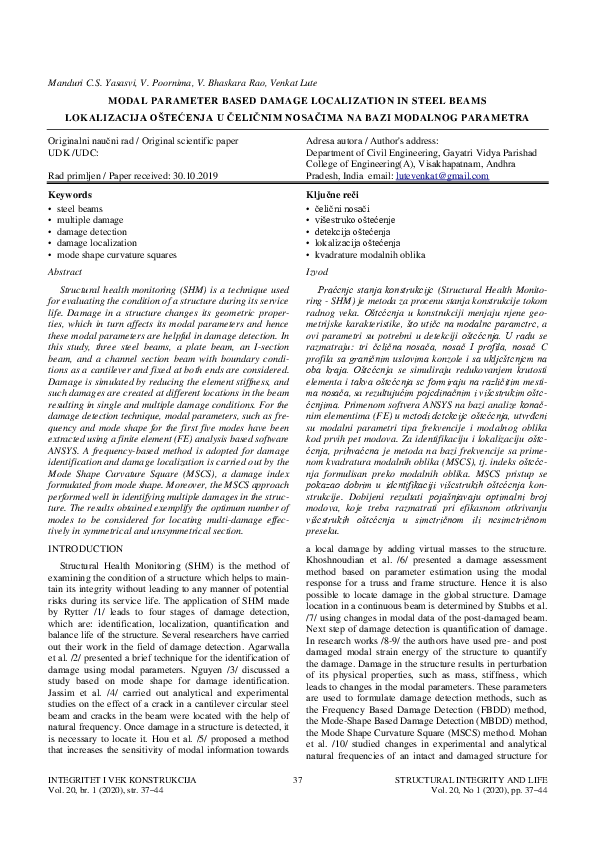 (PDF) Modal Parameter Based Damage Localization in Steel Beams ...