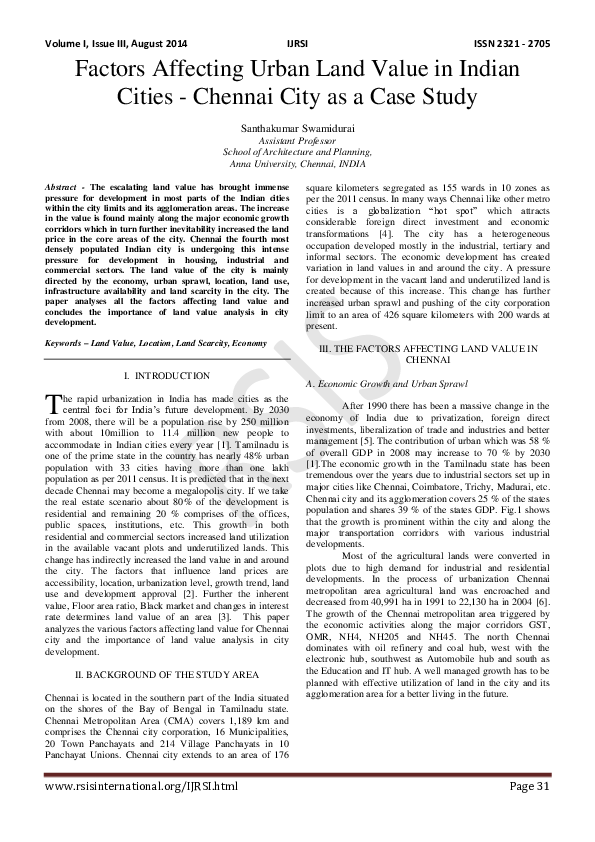 (PDF) Factors Affecting Urban Land Value in Indian CitiesChennai City