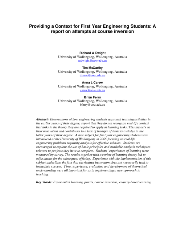 (PDF) Providing a Context for First Year Engineering Students: A Report ...