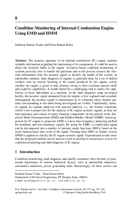(PDF) Condition Monitoring of Internal Combustion Engine Using EMD and HMM