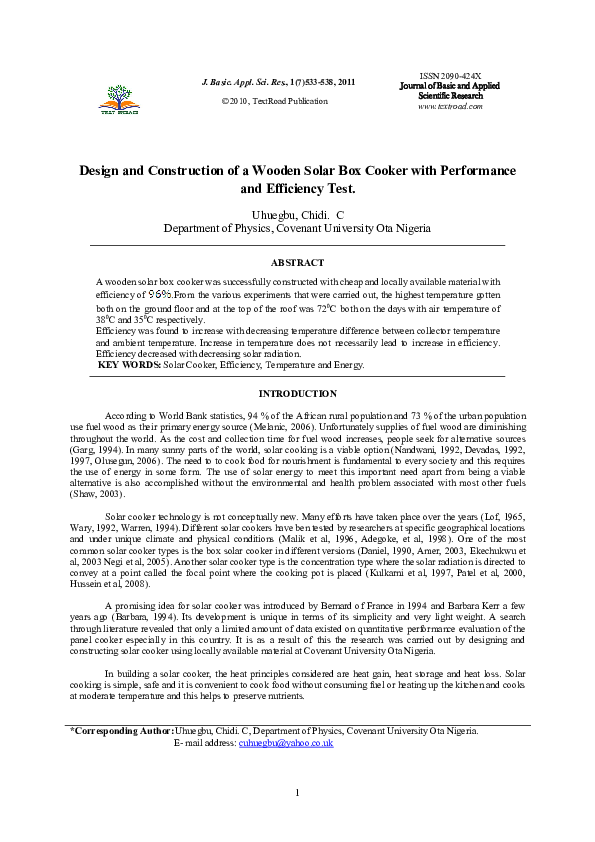 (PDF) Design and Construction of a Wooden Solar Box Cooker with ...