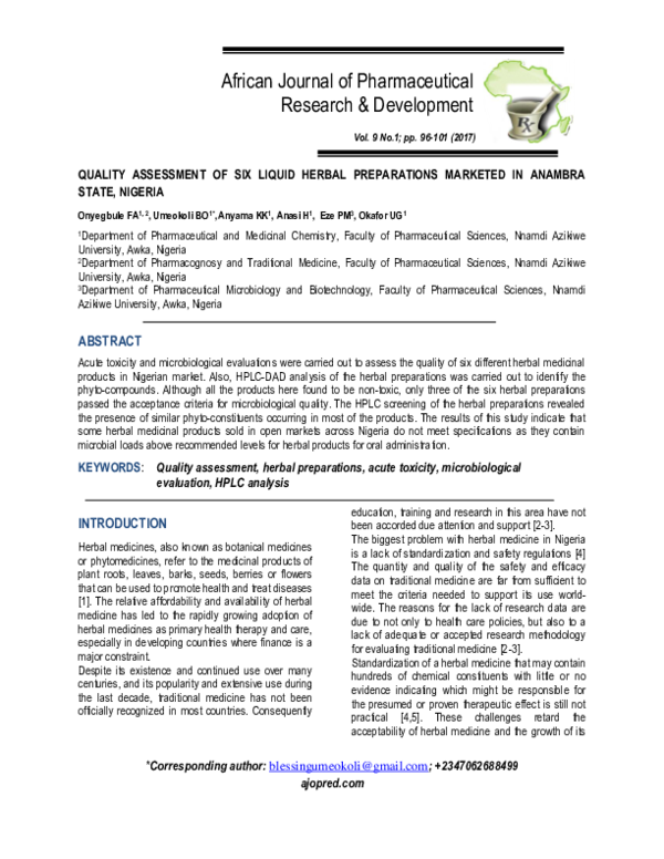 (PDF) Quality Assessment of Six Liquid Herbal Preparations Marketed in ...
