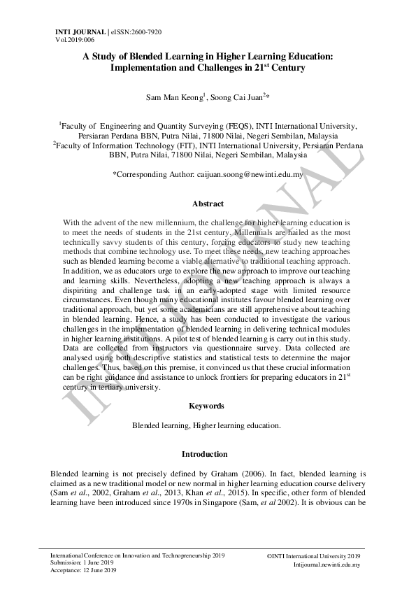 (PDF) A Study of Blended Learning in Higher Learning Education ...