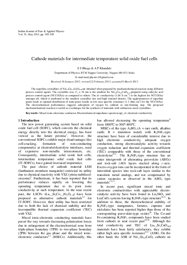 (PDF) Cathode materials for intermediate temperature solid oxide fuel cells