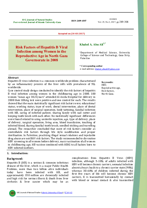 (PDF) Risk Factors of Hepatitis B Viral Infection among Women in the ...