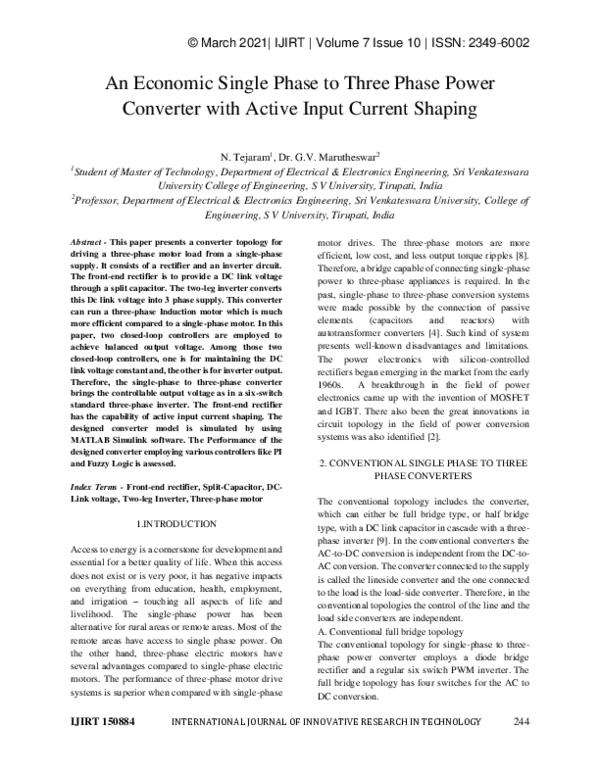 (PDF) An Economic Single Phase to Three Phase Power Converter with ...