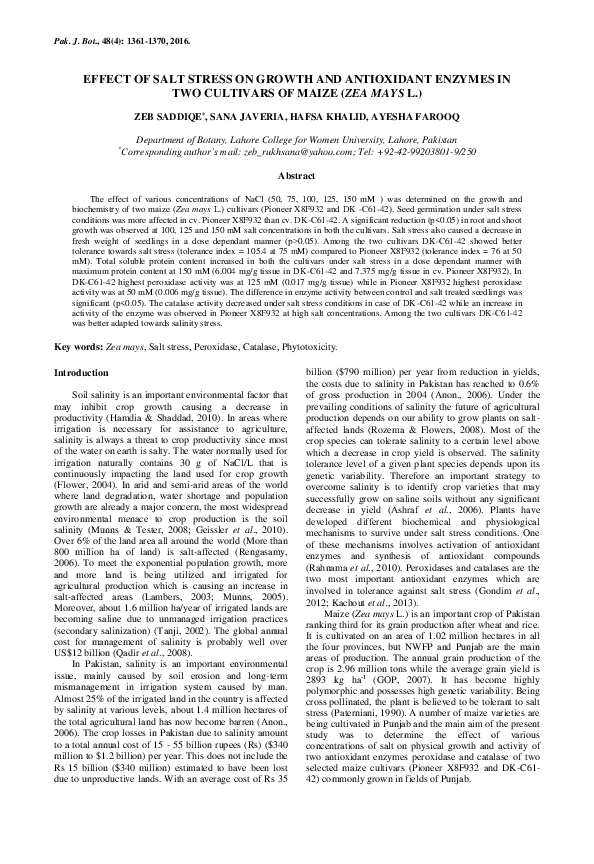 (PDF) Effect of salt stress on growth and antioxidant enzymes in two ...