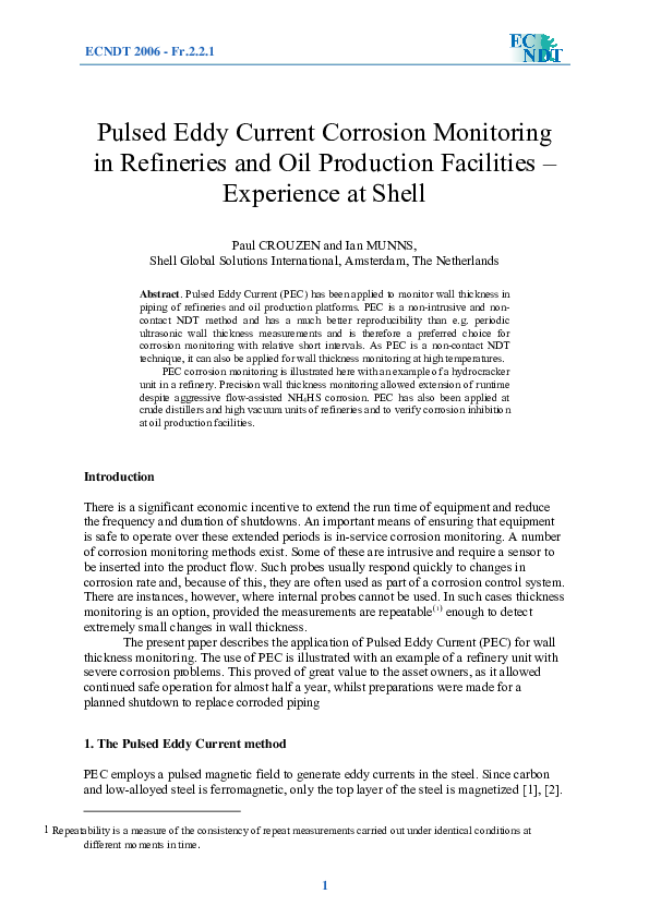 (PDF) Pulsed Eddy Current Corrosion Monitoring in Refineries and Oil ...