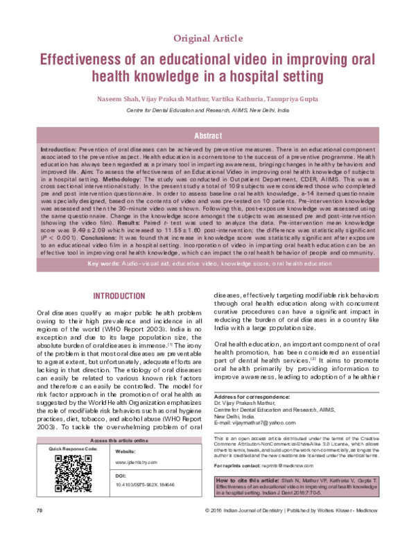 (PDF) Effectiveness of an educational video in improving oral health ...