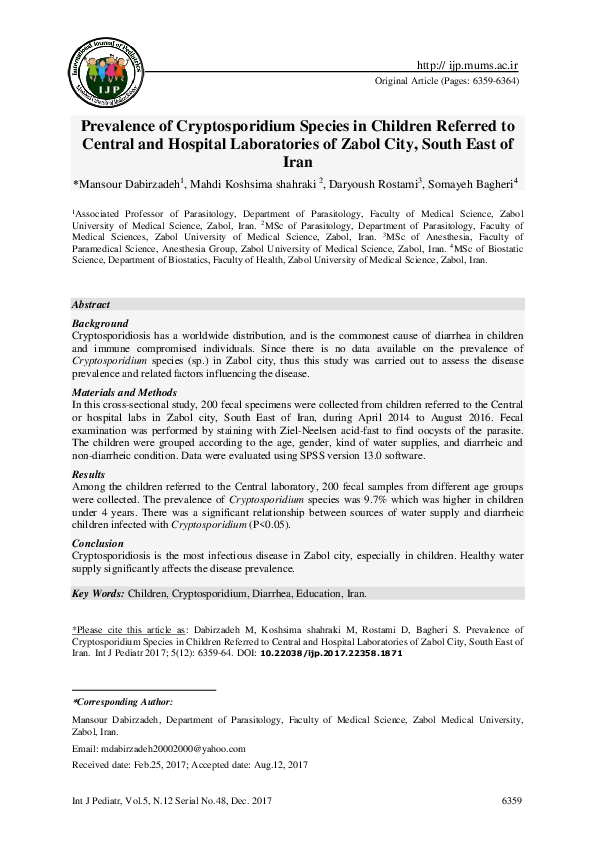 (PDF) Prevalence of Cryptosporidium Species in Children Referred to ...