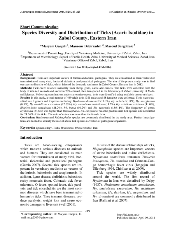 (PDF) Species Diversity and Distribution of Ticks (Acari: Ixodidae) in ...
