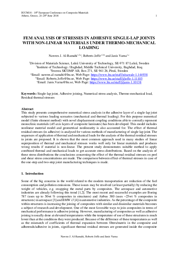 (PDF) FEM analysis of stresses in adhesive single-lap joints with non ...