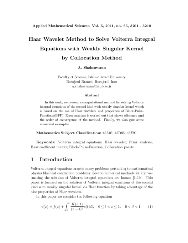 (PDF) Haar Wavelet Method to Solve Volterra Integral Equations with ...