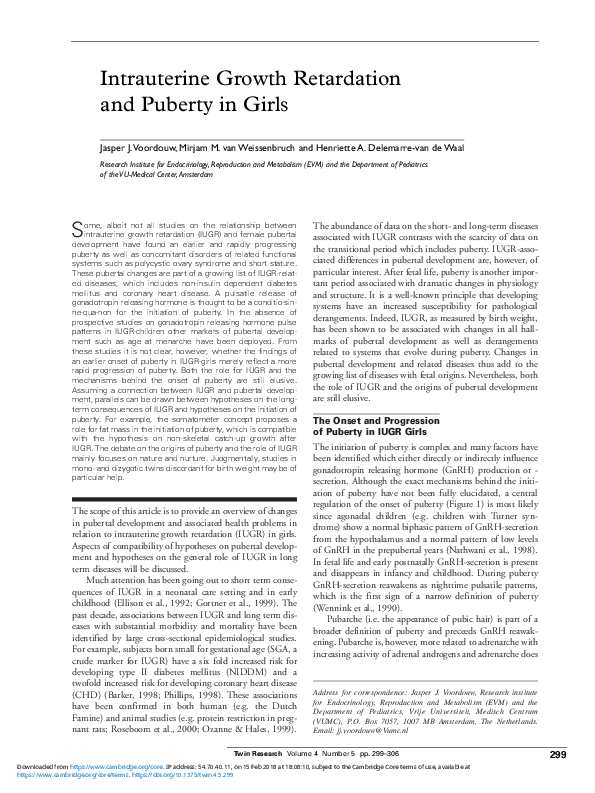 (PDF) Intrauterine Growth Retardation and Puberty in Girls