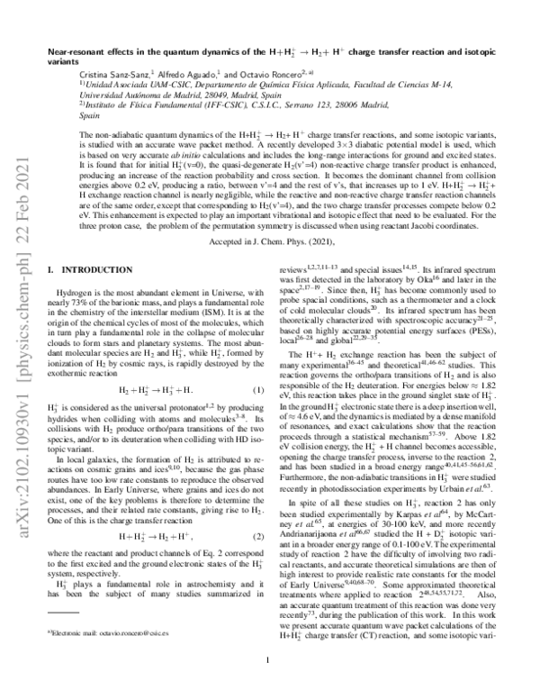 (PDF) Near-resonant effects in the quantum dynamics of the H + H2+ → H2 ...