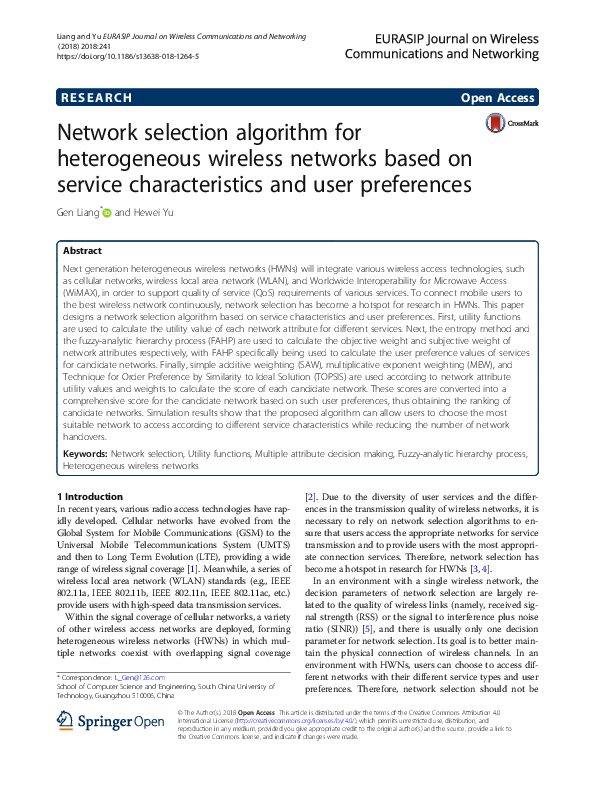 (PDF) Network Selection Algorithm for Heterogeneous Wireless Environment