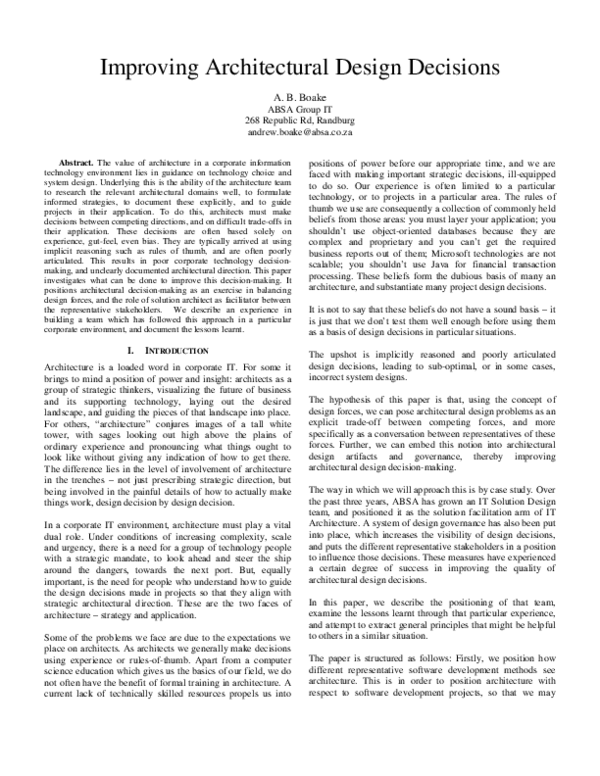 (PDF) Improving architectural design decisions Andrew Boake