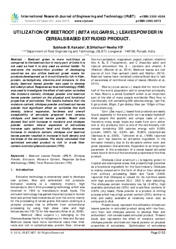 (PDF) Utilization of Beetroot (Beta Vulgaris L.) Leaves Powder in ...