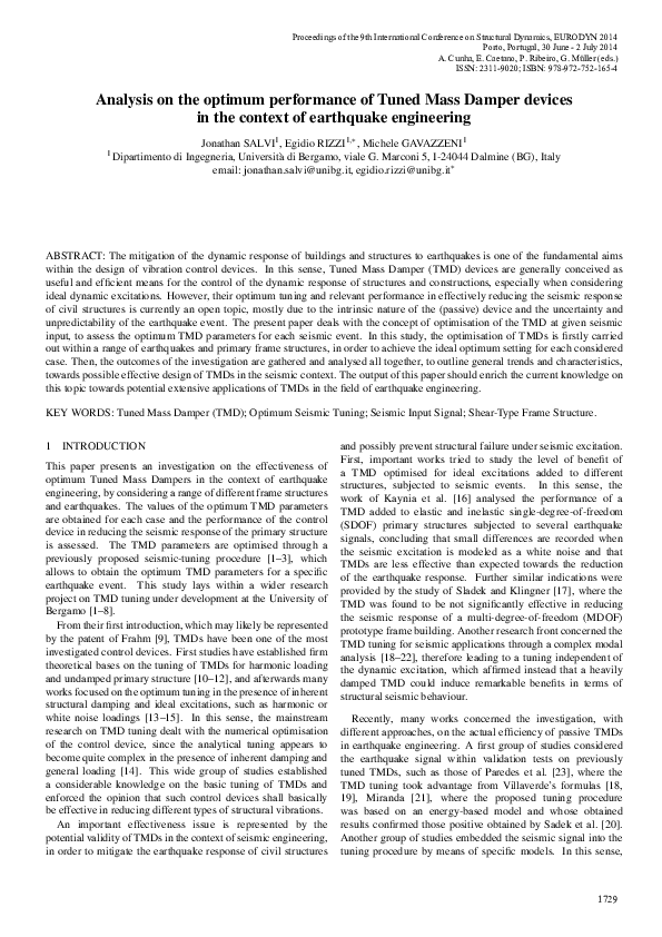 (PDF) Analysis on the optimum performance of Tuned Mass Damper devices ...