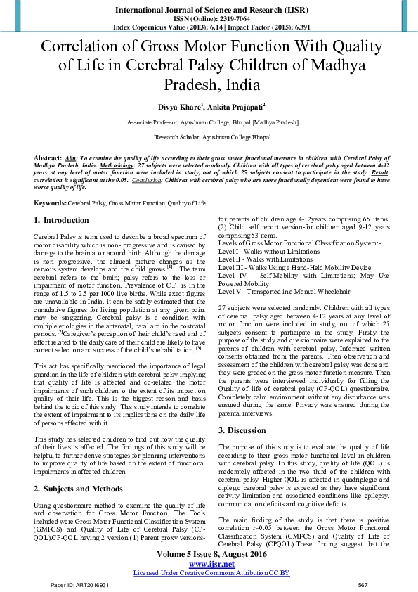 (PDF) Correlation of Gross Motor Function With Quality of Life in ...