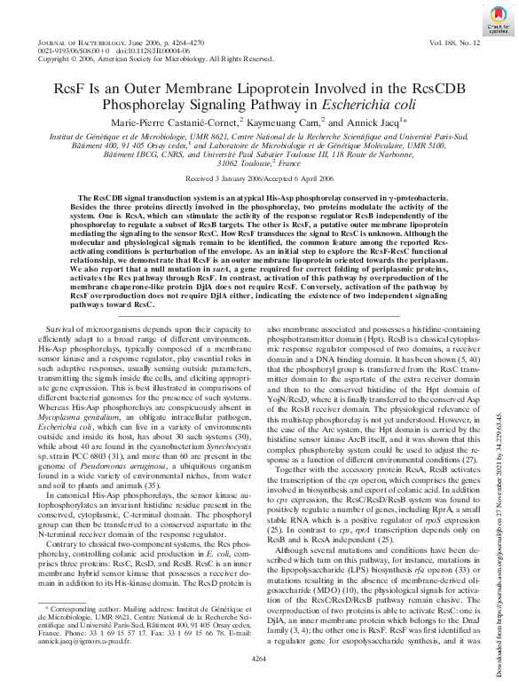 (PDF) Escherichia coli Signaling Pathway in Involved in the RcsCDB ...