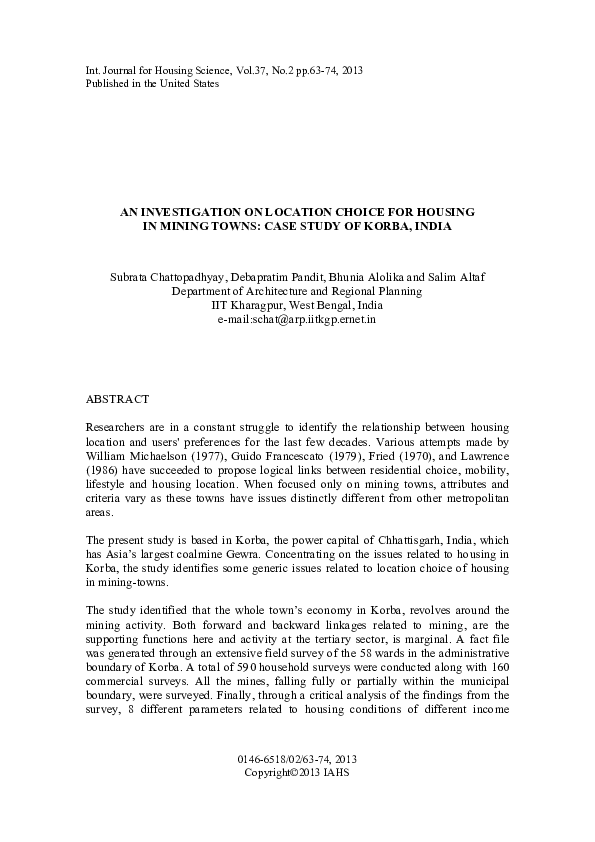 (PDF) An Investigation on Location Choice for Housing in Mining Towns