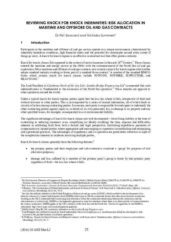 (PDF) Reviewing Knock for Knock Indemnities Risk Allocation in