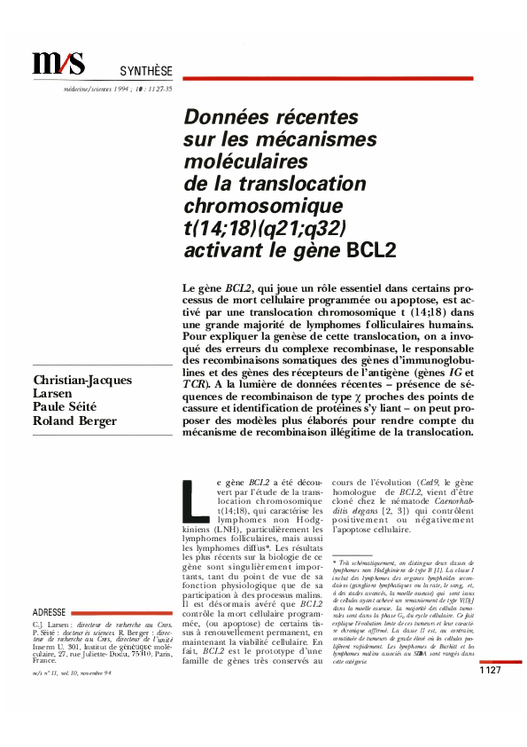 (PDF) Données récentes sur les mécanismes moléculaires de la ...