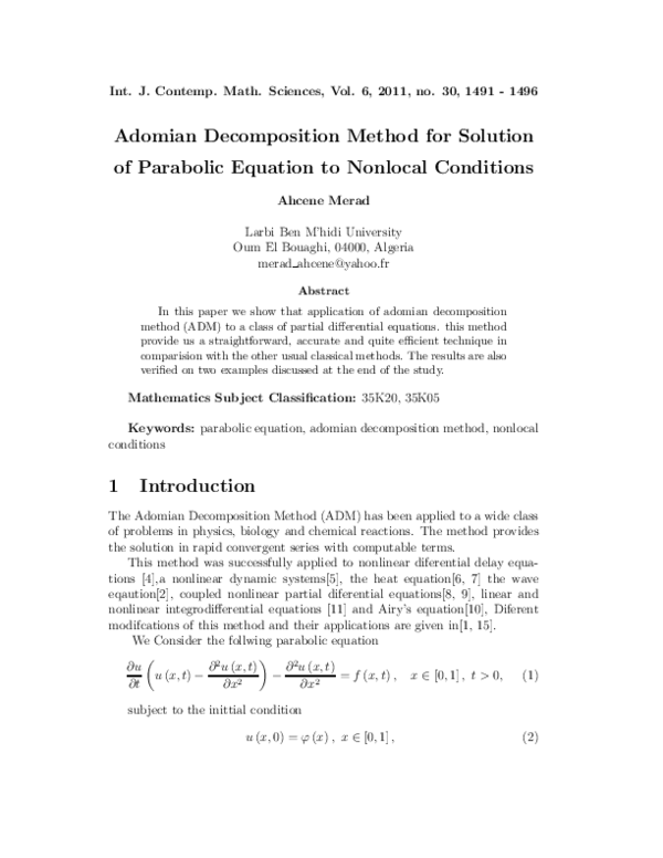 (PDF) Adomian Decomposition Method for Solution of Parabolic Equation ...