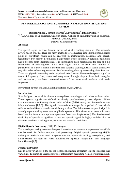 (PDF) Feature Extraction Techniques in Speech Identification : Review