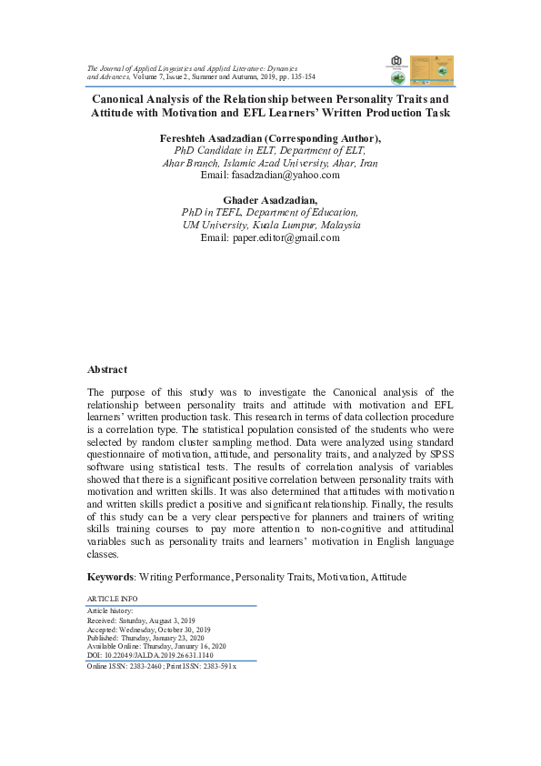 (PDF) Canonical Analysis of the Relationship Between Personality Traits ...