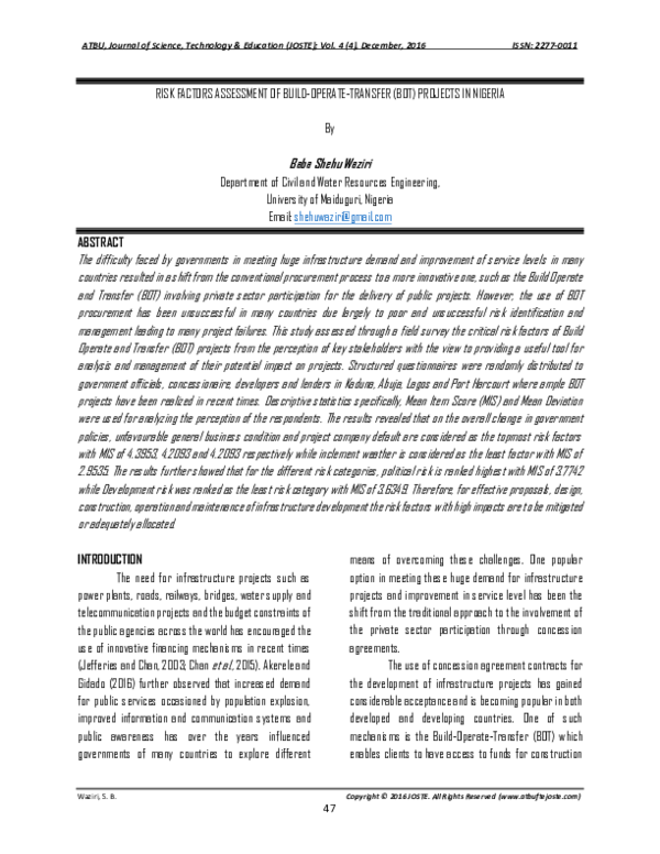 (PDF) Risk Factors Assessment of Build-Operate-Transfer (Bot) Projects ...