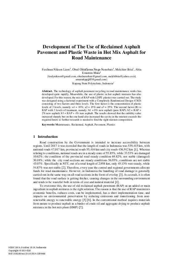 (PDF) Development of The Use of Reclaimed Asphalt Pavement and Plastic ...