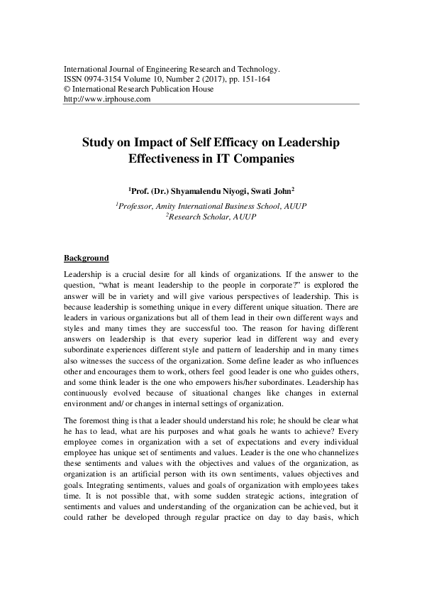 (PDF) Study on Impact of Self Efficacy on Leadership Effectiveness in ...