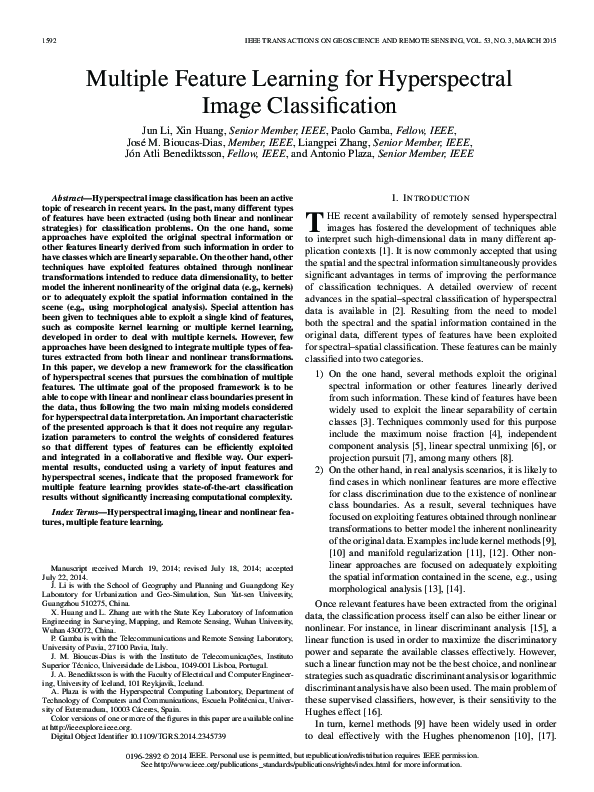 (PDF) Multiple Feature Learning for Hyperspectral Image Classification