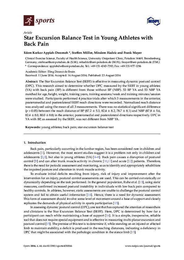 (PDF) Star Excursion Balance Test in Young Athletes with Back Pain