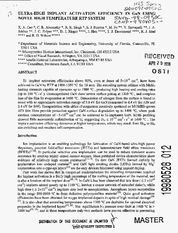 (PDF) Ultra-high implant activation efficiency in GaN using novel high ...