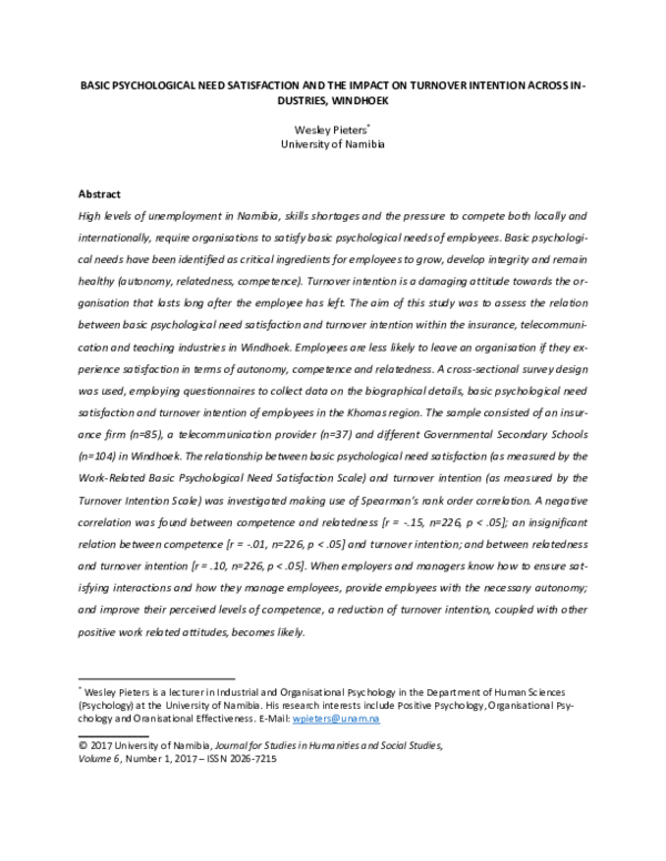 (PDF) Basic psychological need satisfaction and the impact on turnover ...
