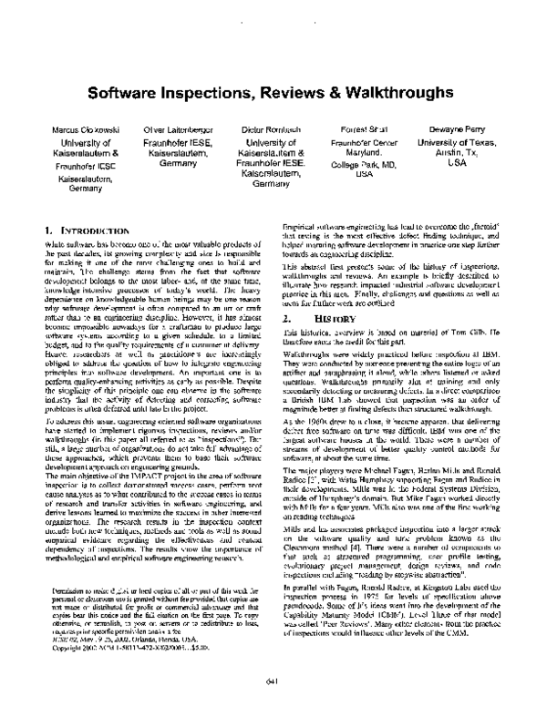 (PDF) Software inspections, reviews & walkthroughs