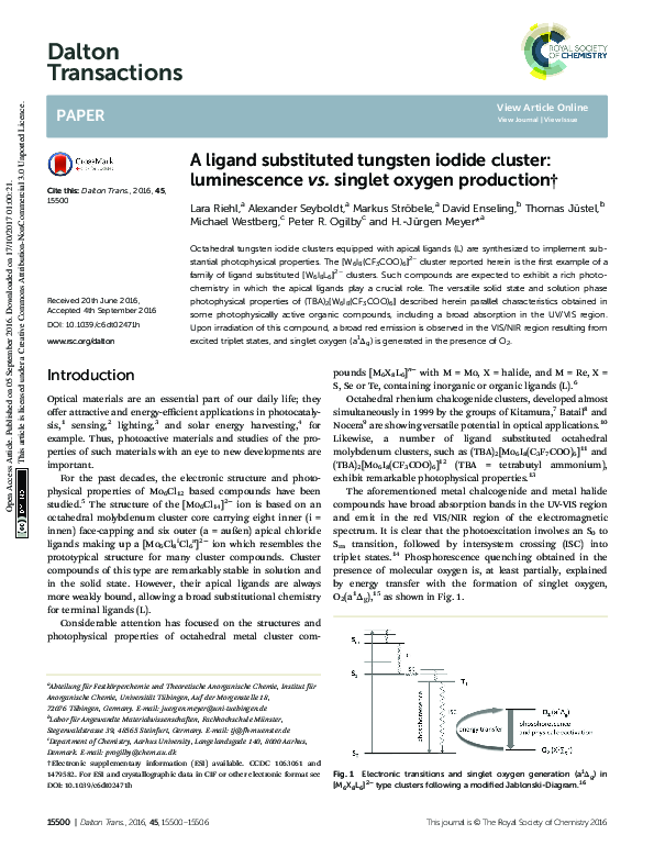 (PDF) A ligand substituted tungsten iodide cluster luminescence vs