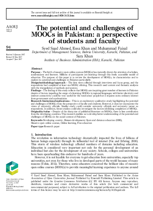 (PDF) The potential and challenges of MOOCs in Pakistan: a perspective ...